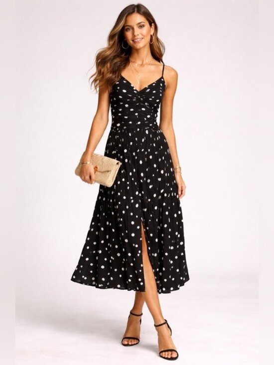 LOFT Polka Dot Midi Dress Black White Ruched Tiered Size 12 Coquette - Picture 12 of 12